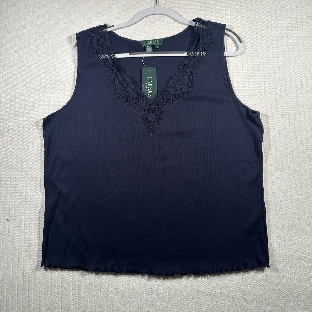 Lauren Ralph Lauren Tank Top 3X Plus Navy  Lace Trim V Neck Cami Sleeveless Top